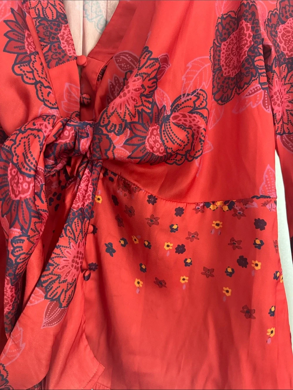Free People Red Floral Tie-Front Women's Blouse